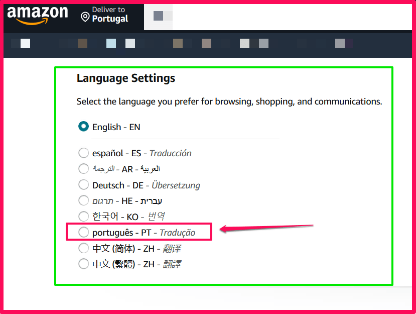 Language setting Amazon Portugal