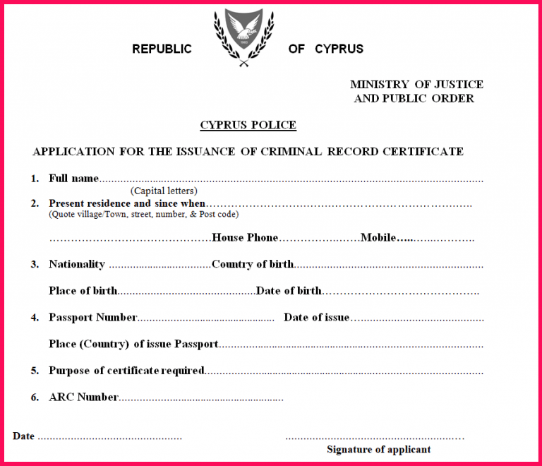 Police Clearance Certificate form Cyprus